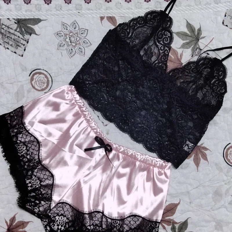 Women's Sexy Lace Pajama Set: Sleeveless V-Neck Top & Shorts