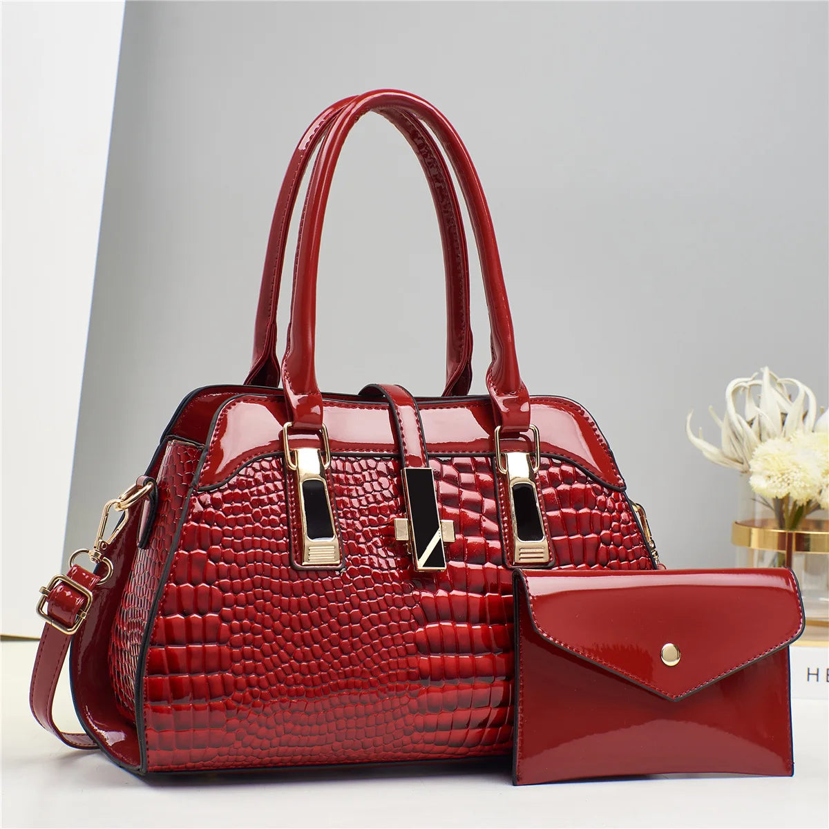 Luxury 2-Layer Crocodile Pattern Boston Tote – Designer Large Capacity Shoulder Handbag for Women
