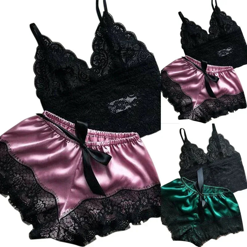 Women's Sexy Lace Pajama Set: Sleeveless V-Neck Top & Shorts