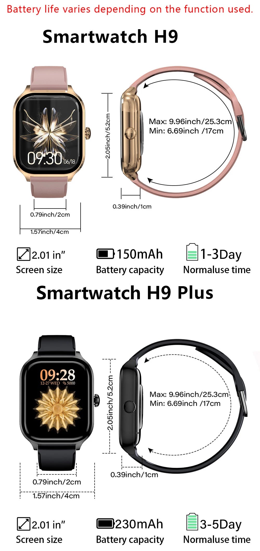 H9 Smart Watch – 2.01" HD Display, Bluetooth Calling, Message Preview, Sports Modes, DIY Dial & Weather for Men and Women