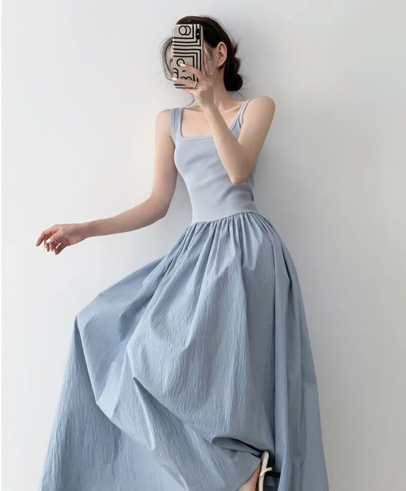 Square Neck Solid Casual Midi Vestido Feminino Tricot Azul com Alças Finas – Estilo Coreano, Patchwork, Sensual e Elegante