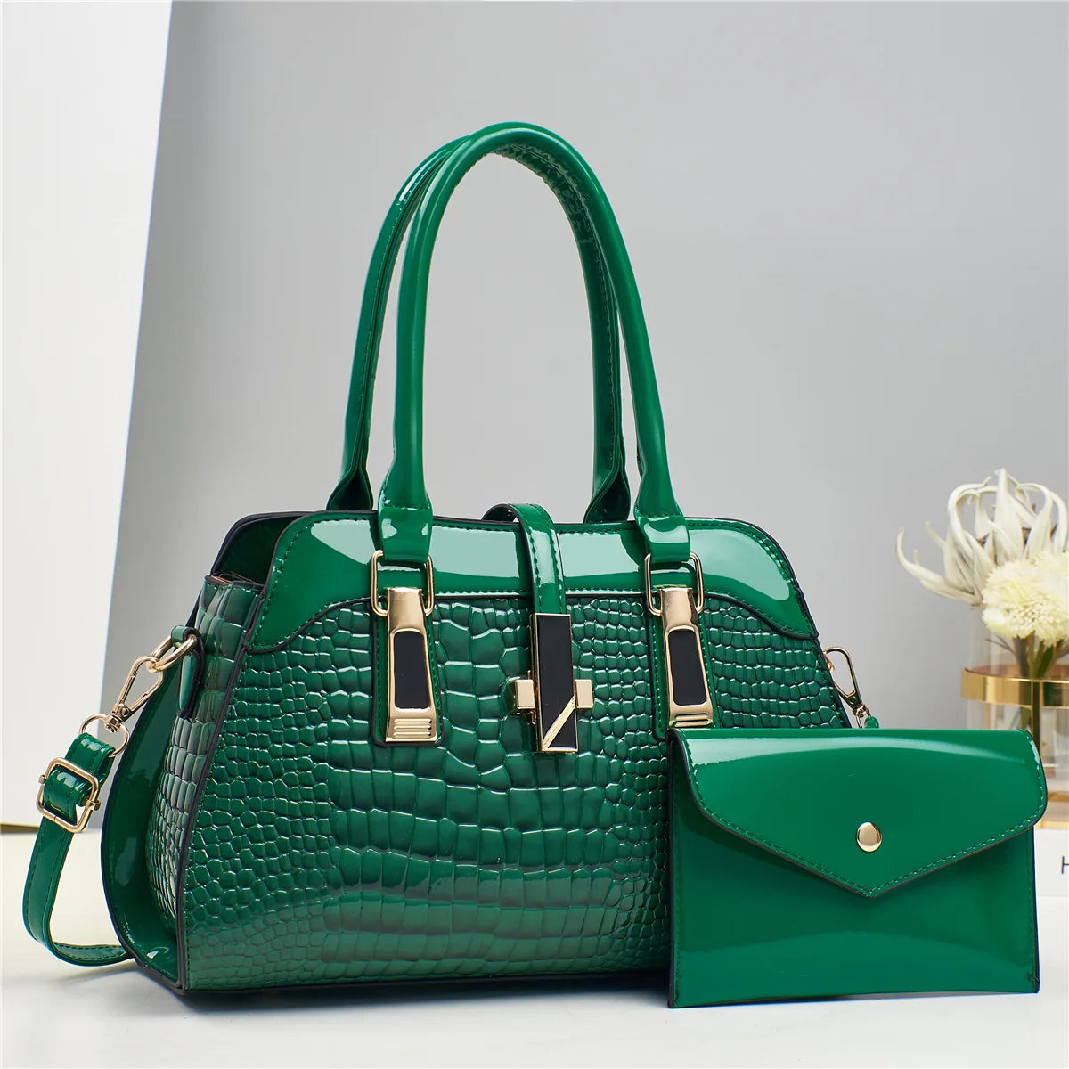 Luxury 2-Layer Crocodile Pattern Boston Tote – Designer Large Capacity Shoulder Handbag for Women