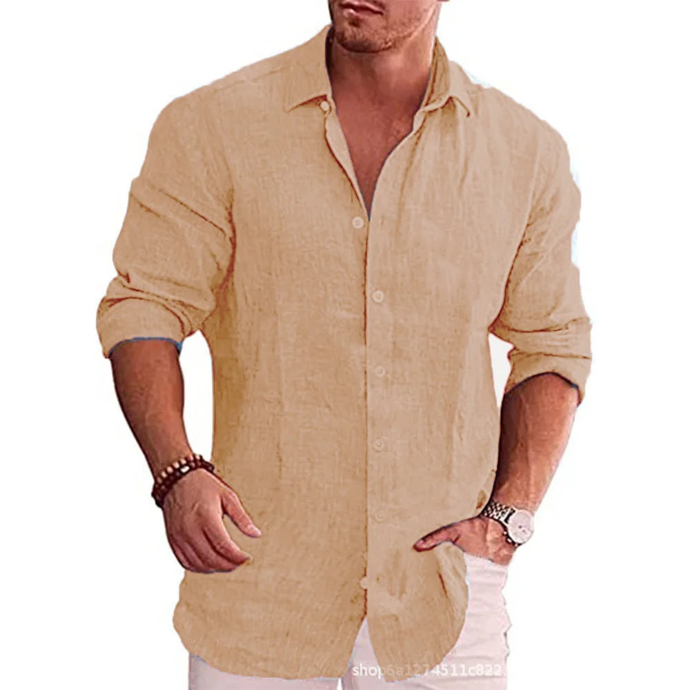 Men's Casual Long Sleeve Cotton Linen Shirt – Solid Color, Plus Size, Autumn Style