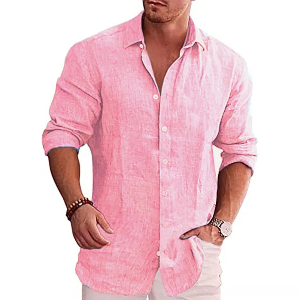 Men's Casual Long Sleeve Cotton Linen Shirt – Solid Color, Plus Size, Autumn Style