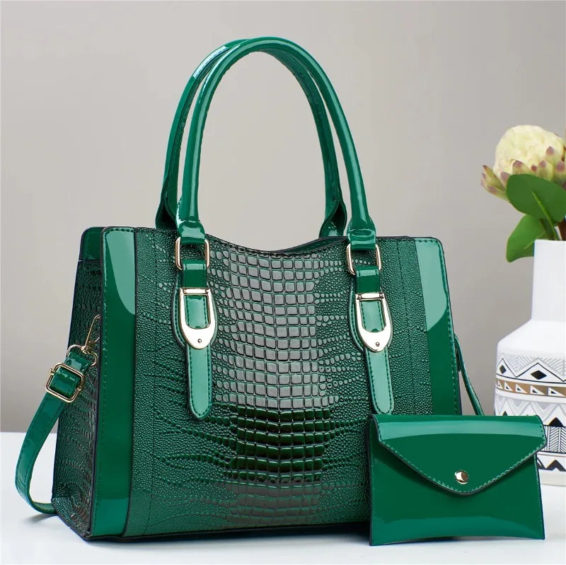 2-Piece Glossy Crocodile Pattern Handbag Set – Tote & Crossbody with Mini Purse