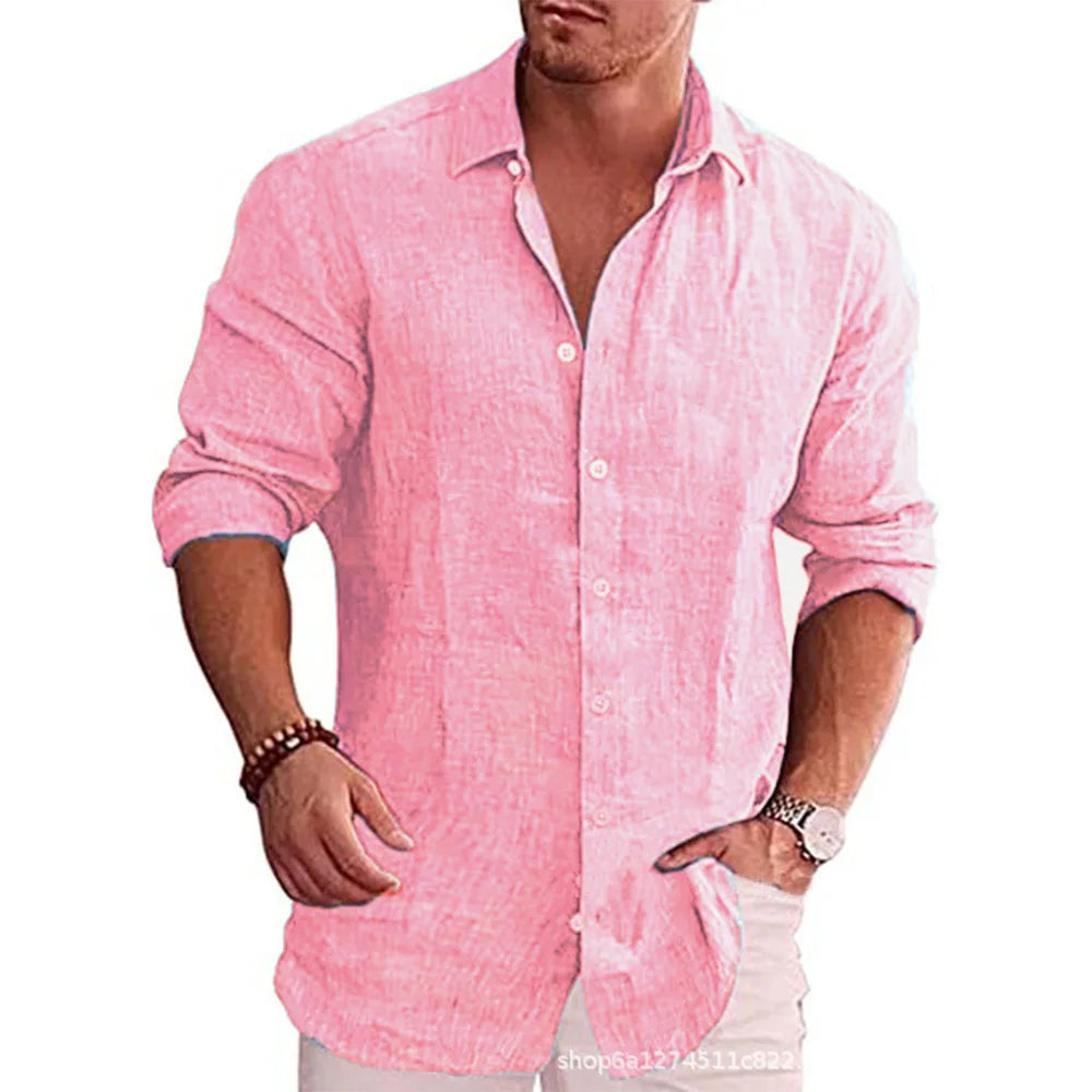 Men's Casual Long Sleeve Cotton Linen Shirt – Solid Color, Plus Size, Autumn Style
