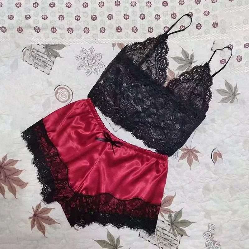Women's Sexy Lace Pajama Set: Sleeveless V-Neck Top & Shorts