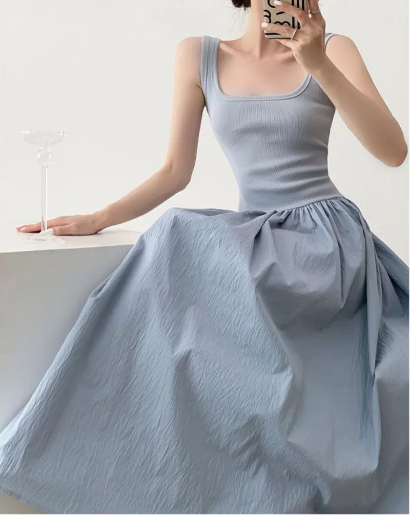 Square Neck Solid Casual Midi Vestido Feminino Tricot Azul com Alças Finas – Estilo Coreano, Patchwork, Sensual e Elegante
