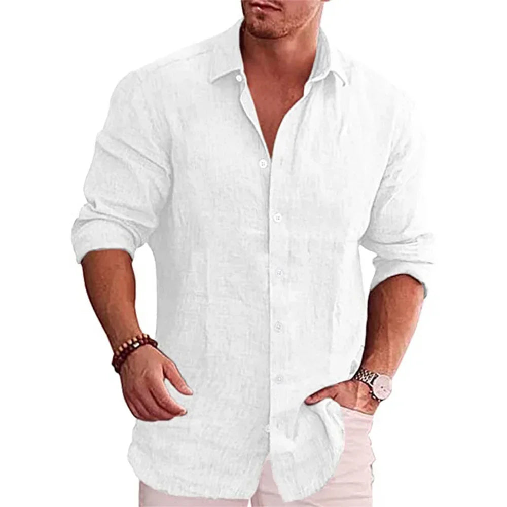 Men's Casual Long Sleeve Cotton Linen Shirt – Solid Color, Plus Size, Autumn Style