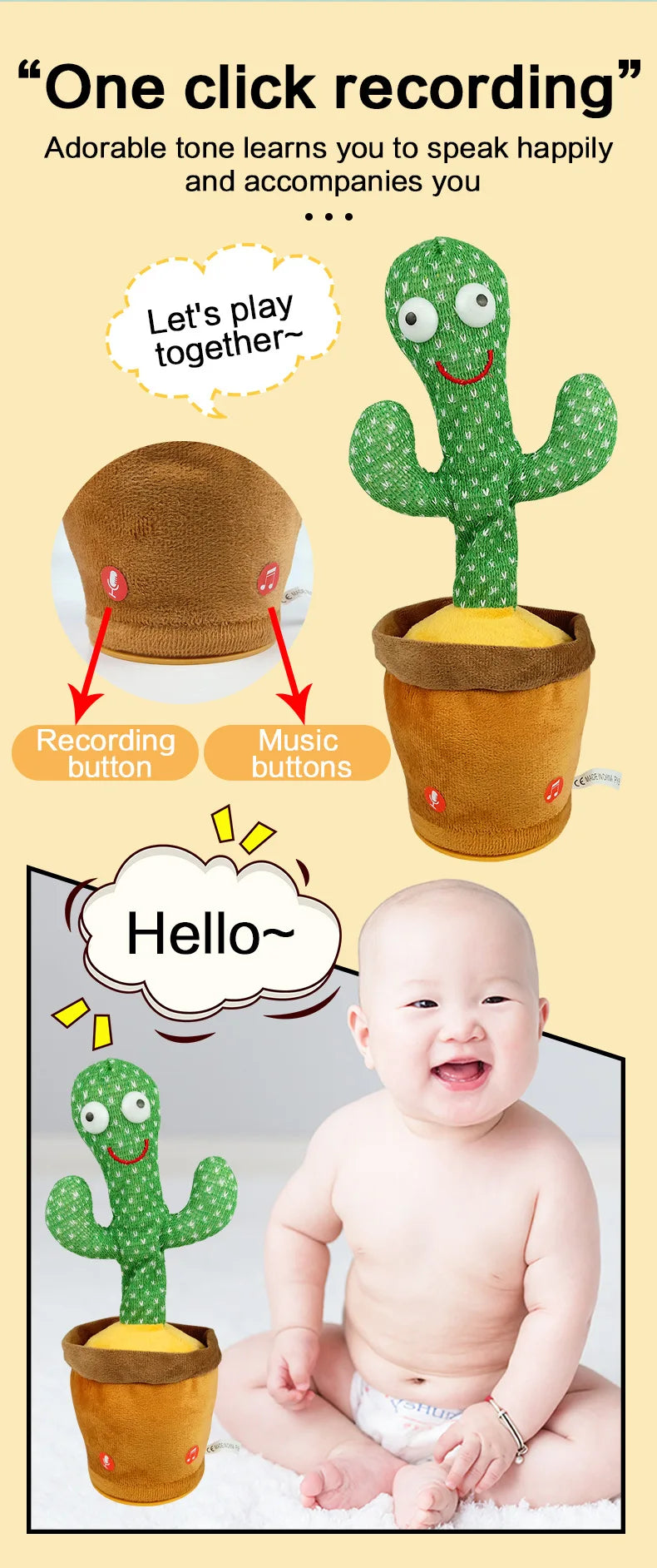 Cactus Dançante e Falante - Brinquedo Interativo que Canta, Repete Voz e Brilha