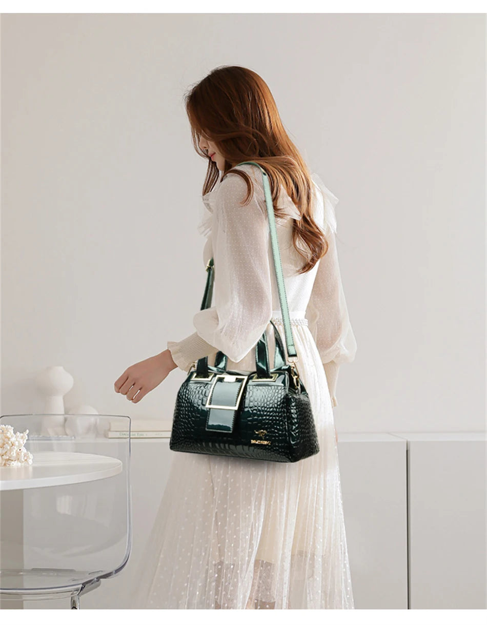 Luxury 2-Layer Crocodile Pattern Boston Tote – Designer Large Capacity Shoulder Handbag for Women
