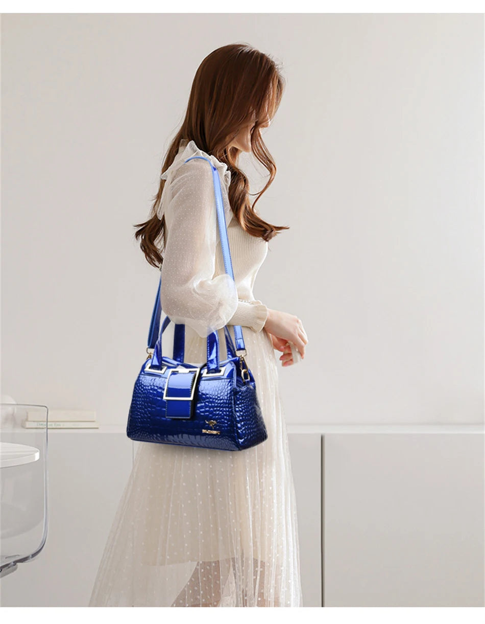 Luxury 2-Layer Crocodile Pattern Boston Tote – Designer Large Capacity Shoulder Handbag for Women