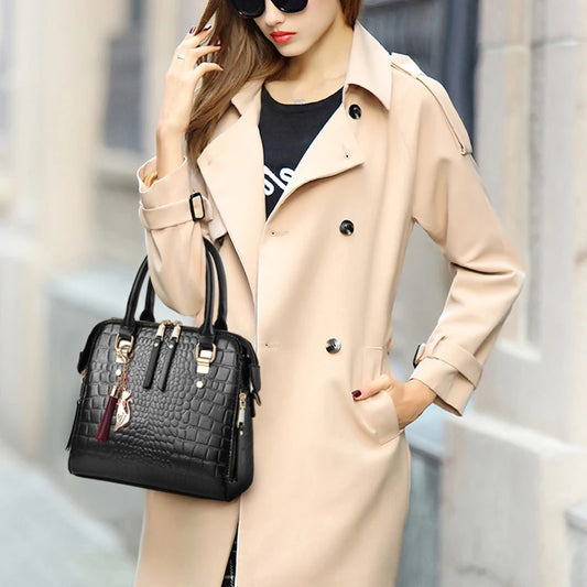Yogodlns Luxury Crocodile Pattern Handbag – Winter PU Leather Shoulder Bag with Tassel for Women
