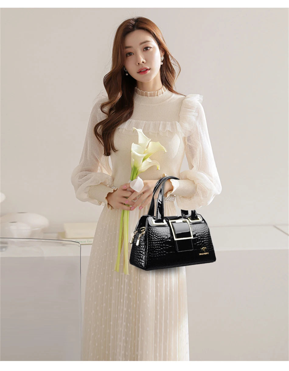 Luxury 2-Layer Crocodile Pattern Boston Tote – Designer Large Capacity Shoulder Handbag for Women