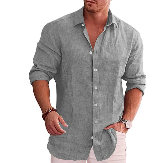 Men's Casual Long Sleeve Cotton Linen Shirt – Solid Color, Plus Size, Autumn Style