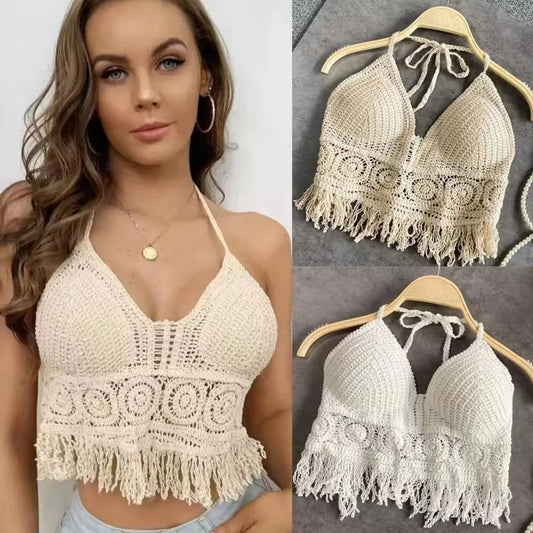 Breathable Cotton Boho Halter Top - Crochet Backless Crop Top with Tassels (Highlights: material cotton comfort