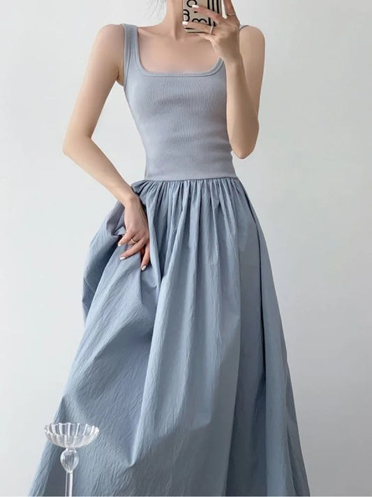Square Neck Solid Casual Midi Vestido Feminino Tricot Azul com Alças Finas – Estilo Coreano, Patchwork, Sensual e Elegante
