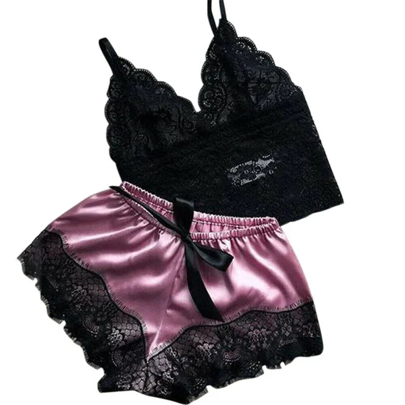 Women's Sexy Lace Pajama Set: Sleeveless V-Neck Top & Shorts
