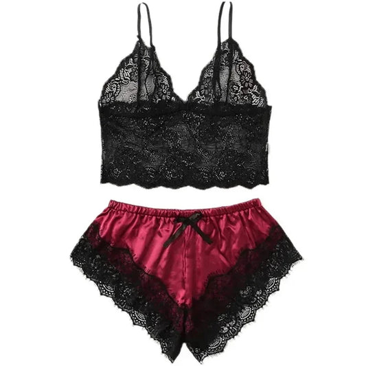 Women's Sexy Lace Pajama Set: Sleeveless V-Neck Top & Shorts