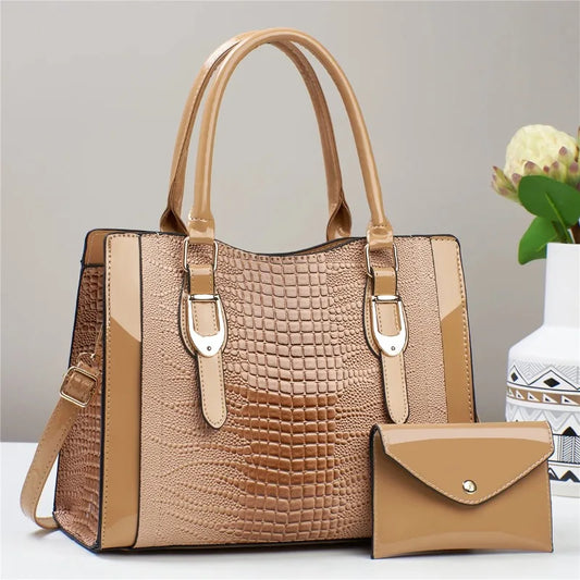 2-Piece Glossy Crocodile Pattern Handbag Set – Tote & Crossbody with Mini Purse